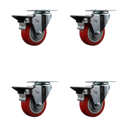 Service Caster 3.5'' Red Poly Wheel Swivel Top Plate Caster Set Posi Brake, 4PK SCC-20S3514-PPUB-RED-PLB-4
